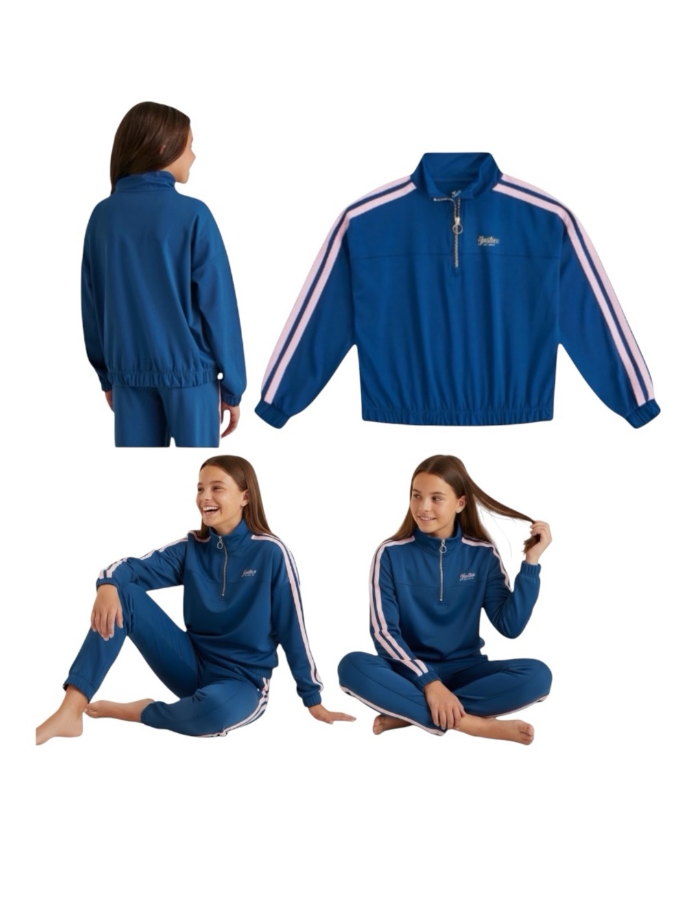 Justice Girls' Marine Blue Pullover Track Jacket Half Zip with Pink Stripes